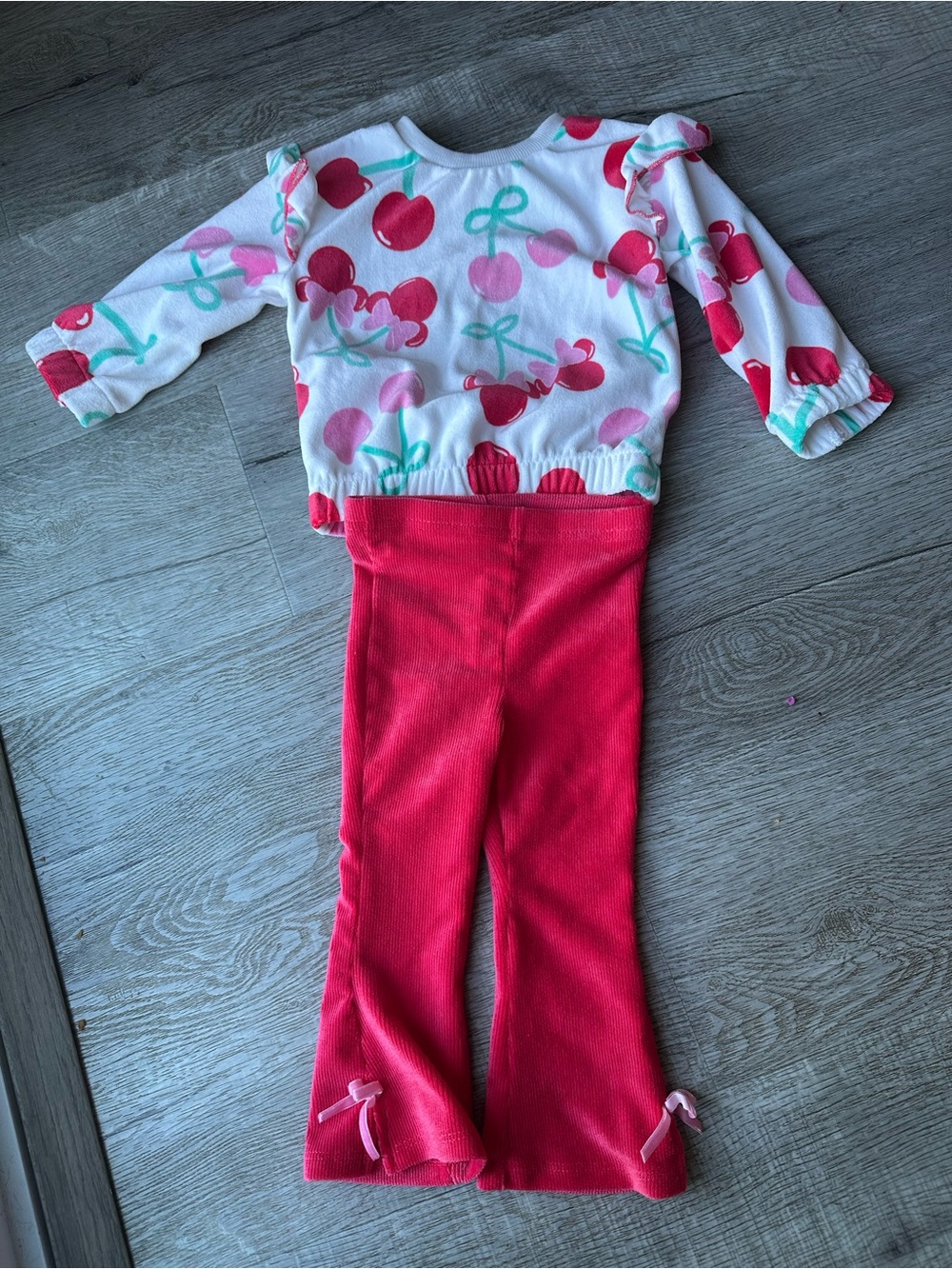 Disney Girls White Cherry Print Top & Bright Pink Pants Matching Set